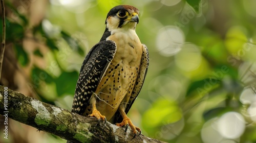 A Close-Up of a  Speckled Falcon Perched on a Branch photo