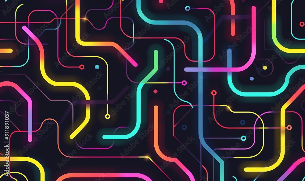 Abstract Colorful Neon Lines and Circles Pattern on Black Background Abstract Colorful Neon Lines and Circles Pattern on Black Background