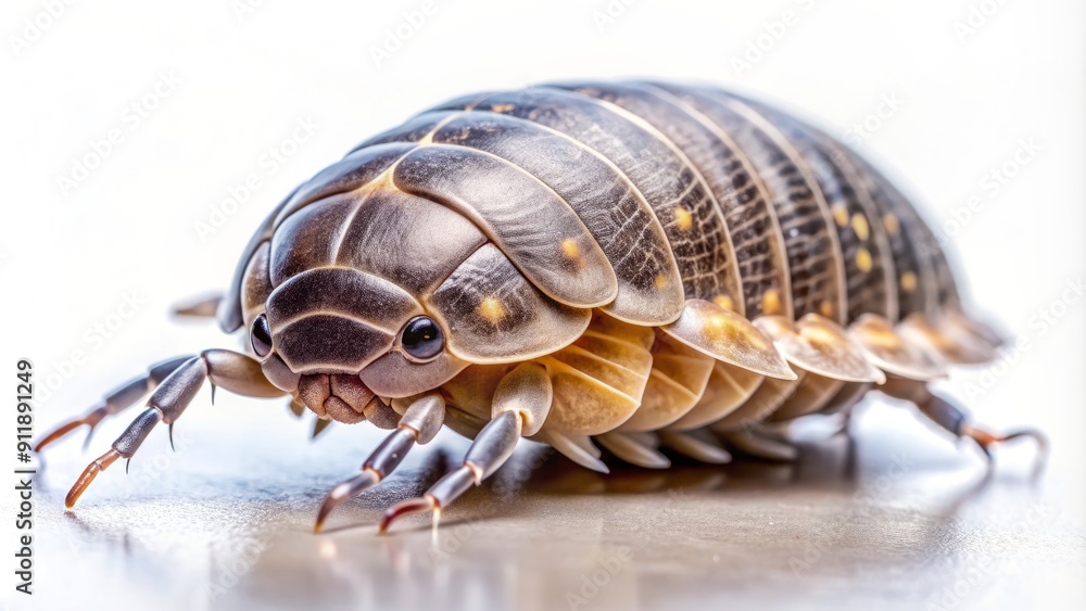 Macro shot of a solitary isopod bug, its armored shell and multiple legs vividly showcased against a pristine white background, highlighting its unusual beauty. Macro shot of a solitary isopod bug, its armored shell and multiple legs vividly showcased against a pristine white background, highlighting its unusual beauty.