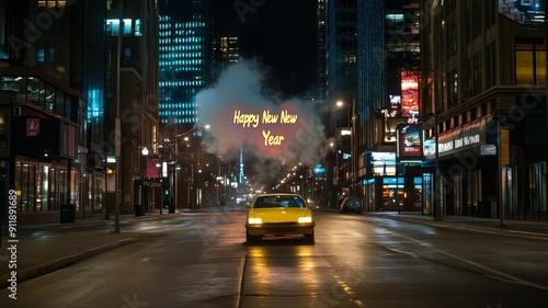 Taxi Cab in city Happy New Year