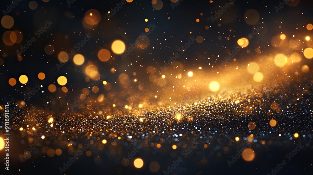 Obraz premium A black background with a lot of gold glitter. The glitter is scattered all over the background, creating a sense of movement and energy. The image is abstract and has a dreamy, ethereal quality to it