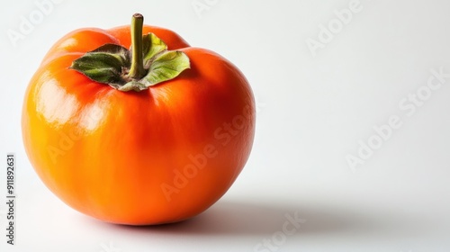 Single ripe orange persimmon with stem isolated on white background.