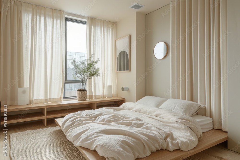 Fototapeta premium A bedroom with a white bed and white curtains