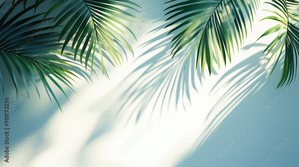 Fototapeta premium Close-up of green palm leaves casting shadows on a light background, creating a tropical and serene atmosphere.