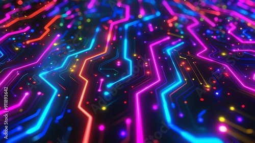 Abstract Neon Circuit Board Pattern with Glowing Lines and Dots in Blue Pink Red and Yellow