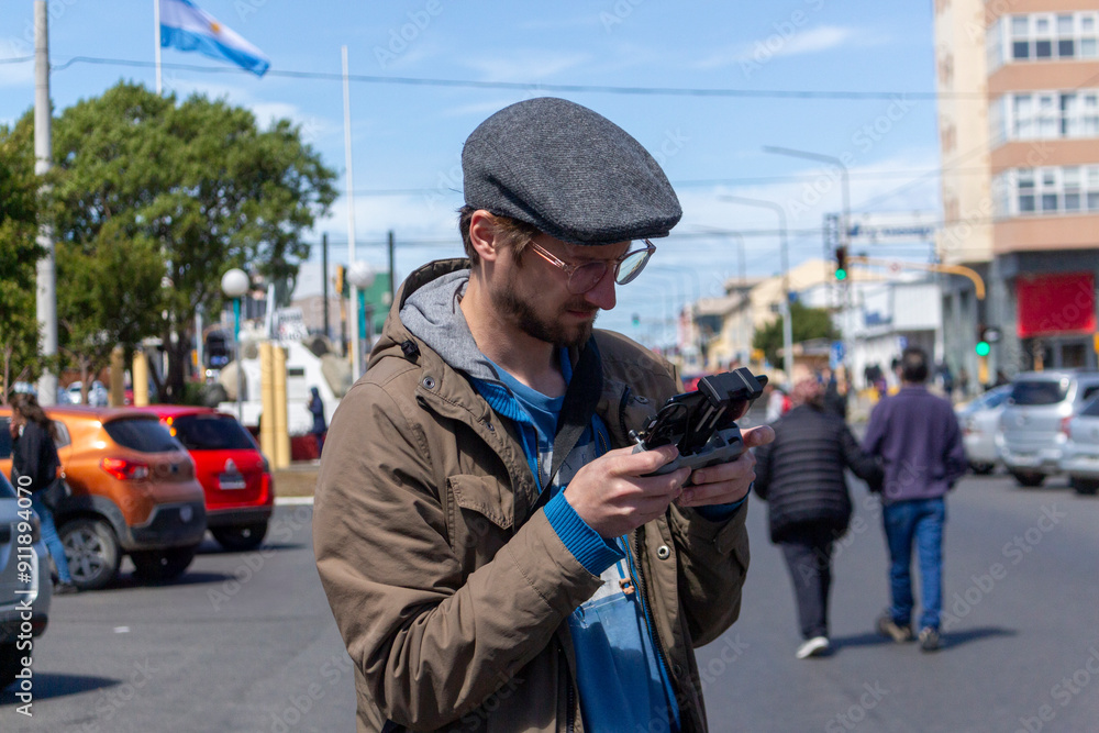 Man Operating Drone in Urban Argentine Setting