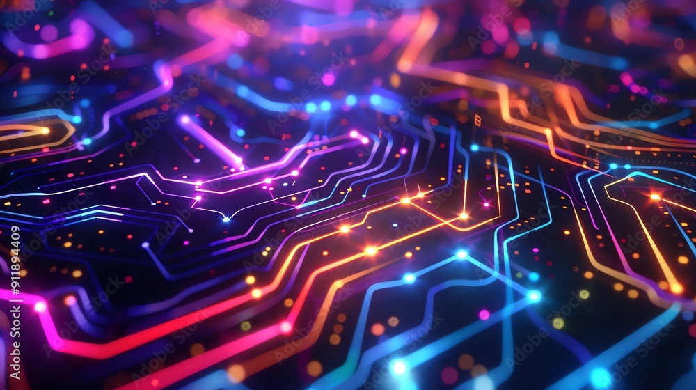 Abstract Neon Circuit Board with Glowing Lines and Connections Futuristic Technology Background Abstract Neon Circuit Board with Glowing Lines and Connections Futuristic Technology Background