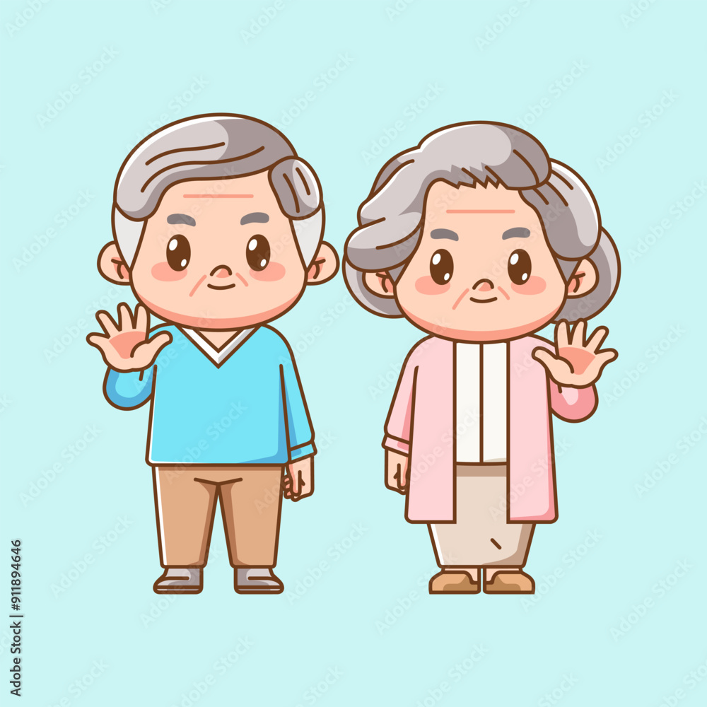 1Cute couple grandpa and grandma wave hand kawaii chibi character mascot illustration outline style 1Cute couple grandpa and grandma wave hand kawaii chibi character mascot illustration outline style
