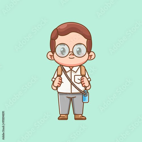 Cute nerd geek office workers happy kawaii chibi character mascot illustration