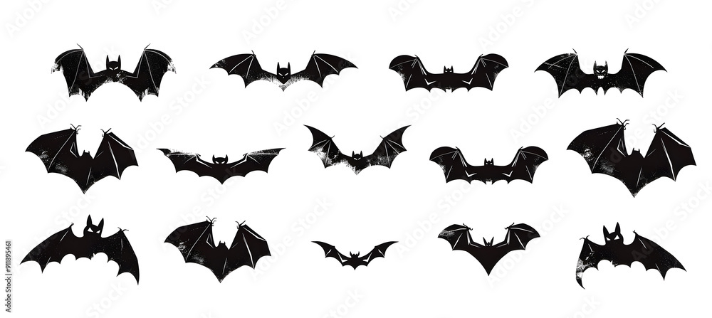 Naklejka premium Halloween bat silhouette set isolated on white background. Spooky black horror bat graphic. Vector illustration