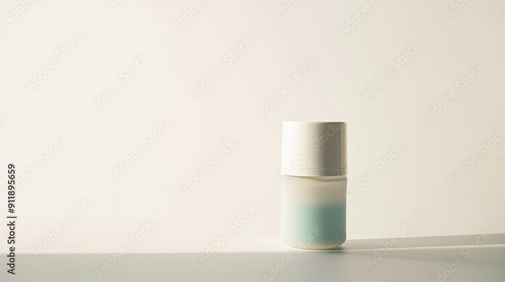 Cosmetic bottle on a white surface with sunlight casting a shadow from the right side Cosmetic bottle on a white surface with sunlight casting a shadow from the right side