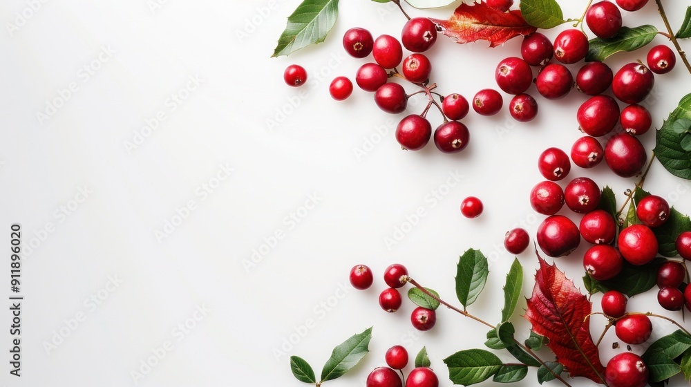 Red berries and green leaves on white background. Red berries and green leaves on white background.