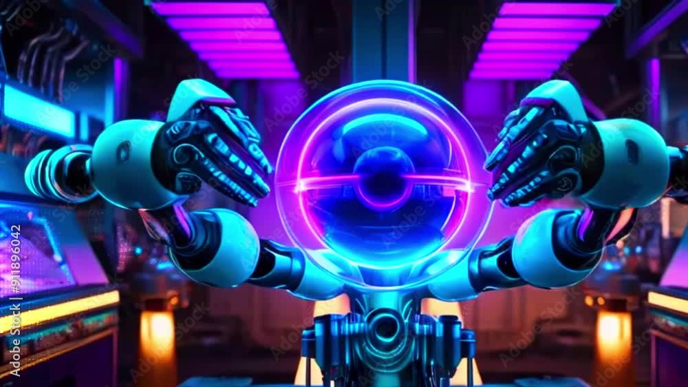Futuristic robot with glowing orb in a high tech lab. Futuristic robot with glowing orb in a high tech lab.