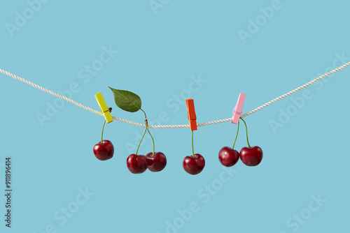 Ripe cherries hanging on clothesline with multicoloured wooden pins