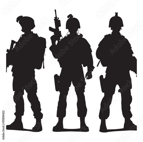 Soldier and Army Force vector silhouette black and white background.