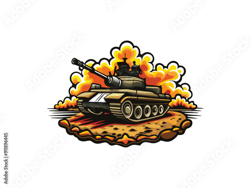 An armored tank with its cannon raised drives through a minefield, with orange and yellow explosions behind it.