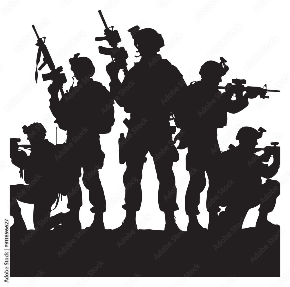 Naklejka premium Soldier and Army Force vector silhouette black and white background.