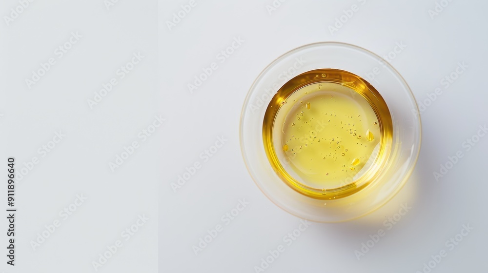Glass bowl filled with fresh golden yellow canola oil casts a shadow against a white backdrop Glass bowl filled with fresh golden yellow canola oil casts a shadow against a white backdrop