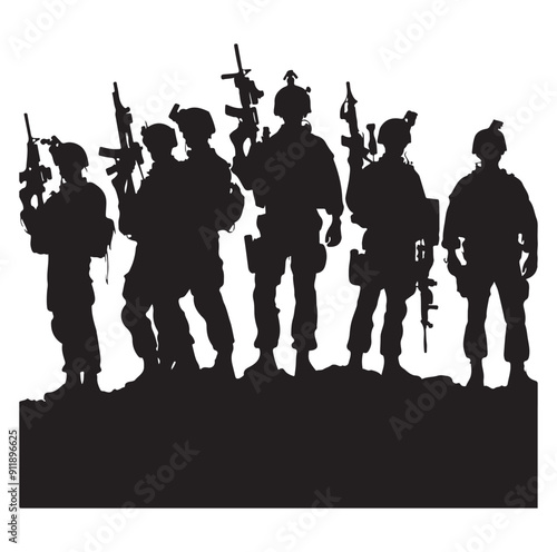 Soldier and Army Force vector silhouette black and white background.