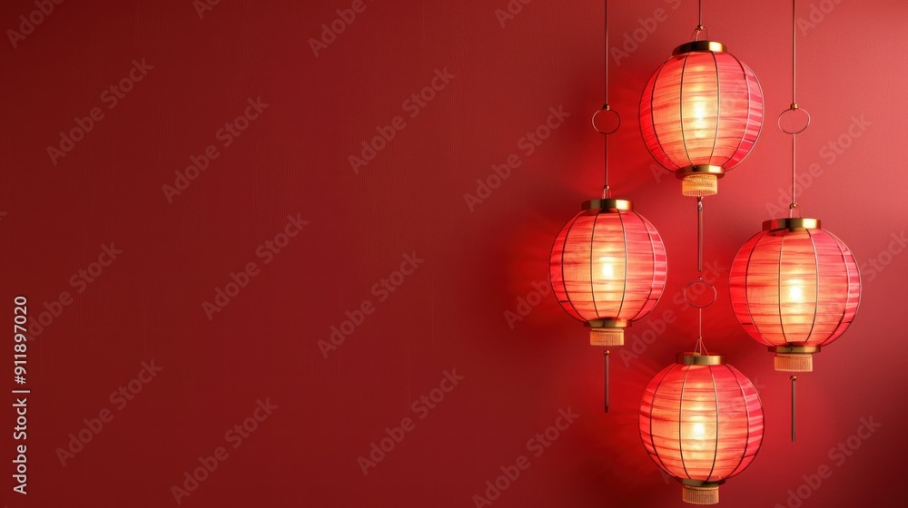 Four red Chinese lanterns hang against a red wall. Four red Chinese lanterns hang against a red wall.