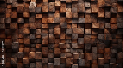 A textured wall made of various wooden cubes arranged in a grid pattern, showcasing different shades of brown and wood grain.