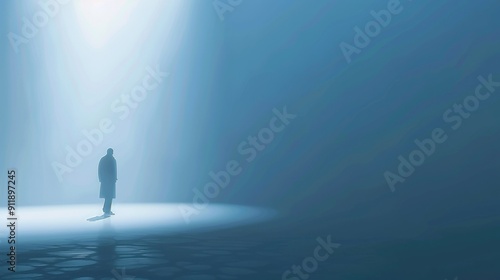 Solitary figure standing in a beam of light on a foggy, blue surface.