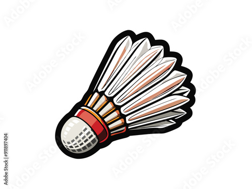 A shuttlecock, a traditional badminton tool with white feathers and a red base.