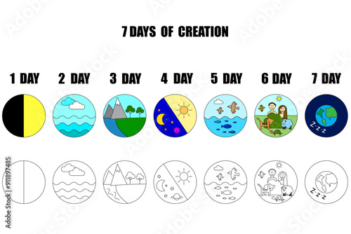 Seven days of creation. Color and outline icons. Biblical story.