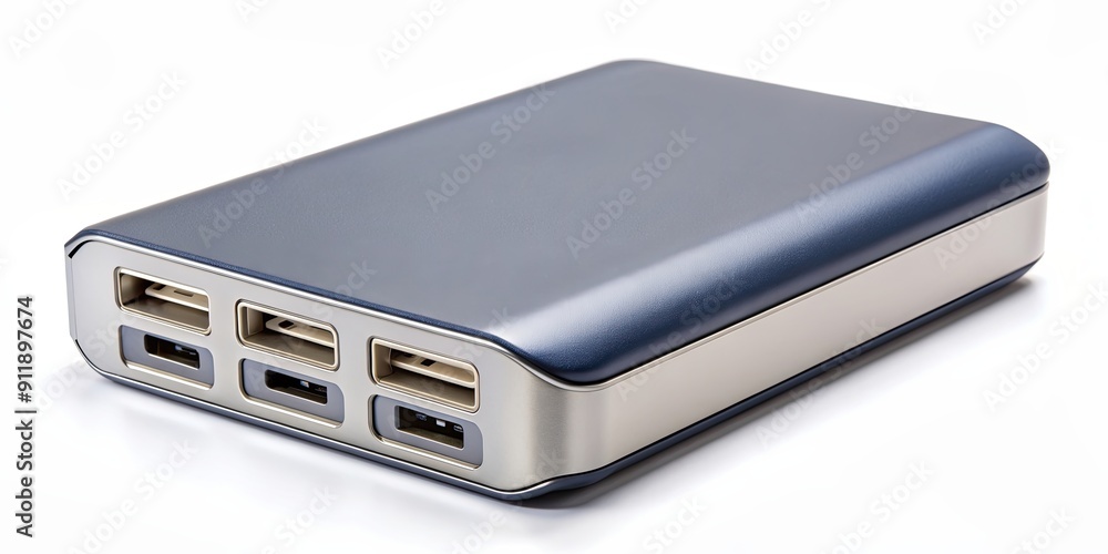 Battery pack with multiple USB ports, ideal for charging several devices, with ample copyspace , power bank Battery pack with multiple USB ports, ideal for charging several devices, with ample copyspace , power bank