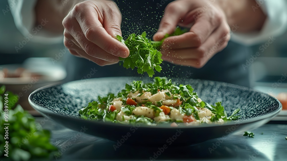 Culinary Perfection. Chef adding final touch to gourmet dish Culinary Perfection. Chef adding final touch to gourmet dish