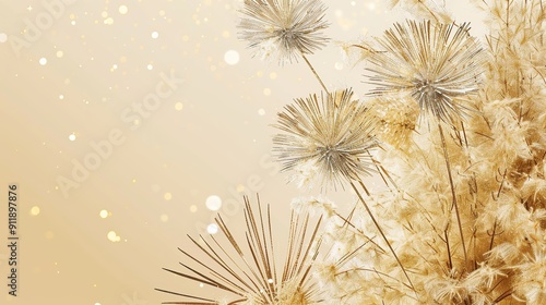 Vibrant golden fireworks bursting on a soft beige gradient background, celebrating New Year's Eve with an atmosphere of joy and excitement. Perfect for holiday banners, greeting cards