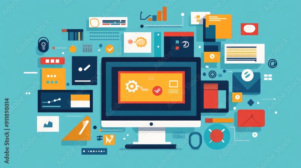 Flat design depicting the process of software development and user interface creation The image showcases various digital tools interfaces and elements associated with programming coding Flat design depicting the process of software development and user interface creation The image showcases various digital tools interfaces and elements associated with programming coding