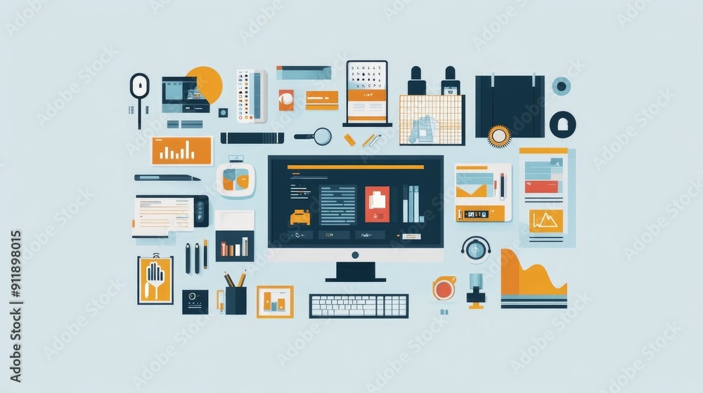 Flat design of a software development and user interface design workspace Depicts a minimalist office desk with various digital devices productivity tools and data visualization elements Flat design of a software development and user interface design workspace Depicts a minimalist office desk with various digital devices productivity tools and data visualization elements