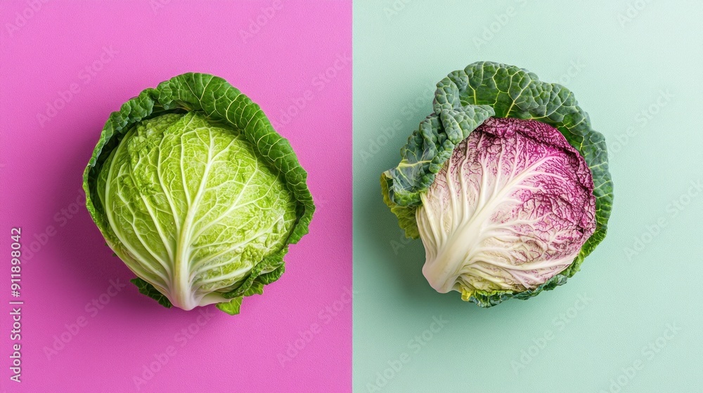 Fototapeta premium Green and red cabbage on pink and green background.