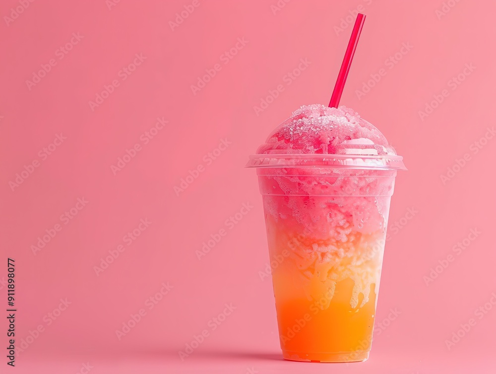 Refreshing Pink and Orange Slush Drink in Plastic Cup with Straw on a Vibrant Pink Background, Perfect for Summer Beverages, Smoothies, and Juice Concepts. Refreshing Pink and Orange Slush Drink in Plastic Cup with Straw on a Vibrant Pink Background, Perfect for Summer Beverages, Smoothies, and Juice Concepts.