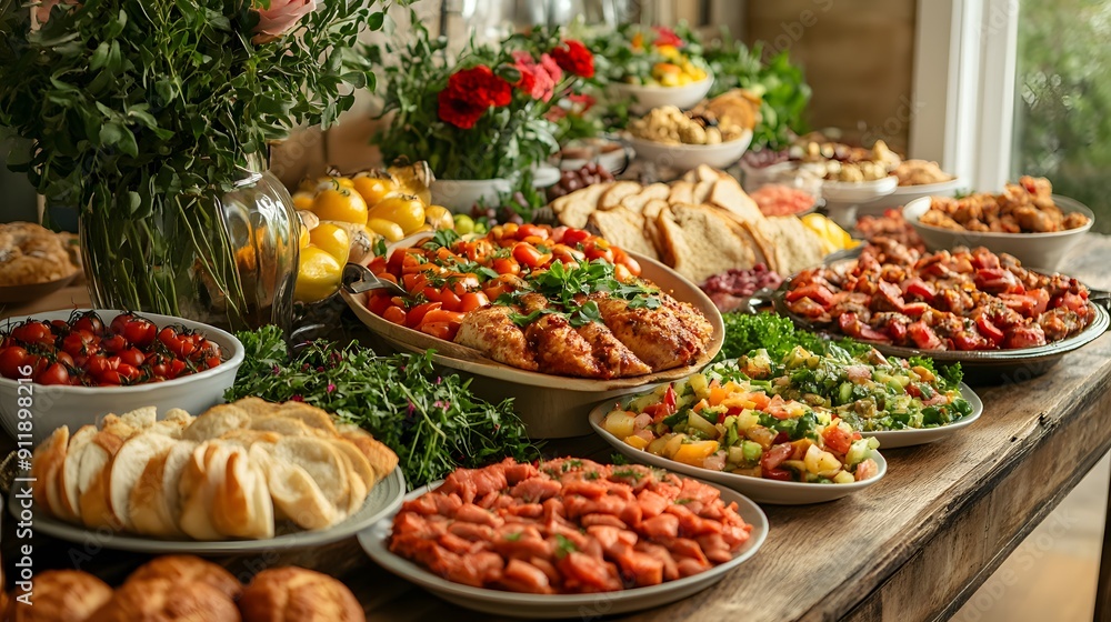 Bountiful Feast. Abundant food spread on a table featuring a mix of dishes concept Bountiful Feast. Abundant food spread on a table featuring a mix of dishes concept