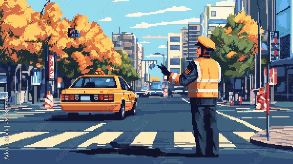 Fototapeta premium An 8-bit pixel art security guard directing traffic at a city event