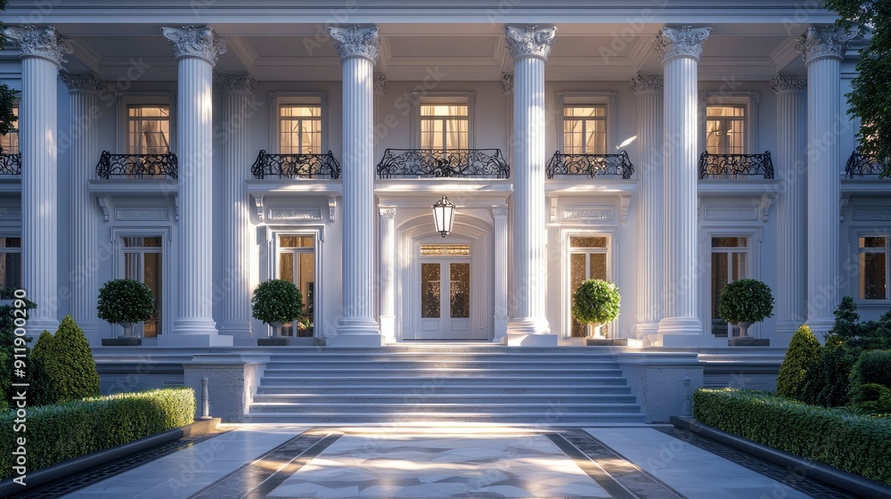 Obraz premium Colonial Mansion, symmetrical design with white pillars, afternoon lighting