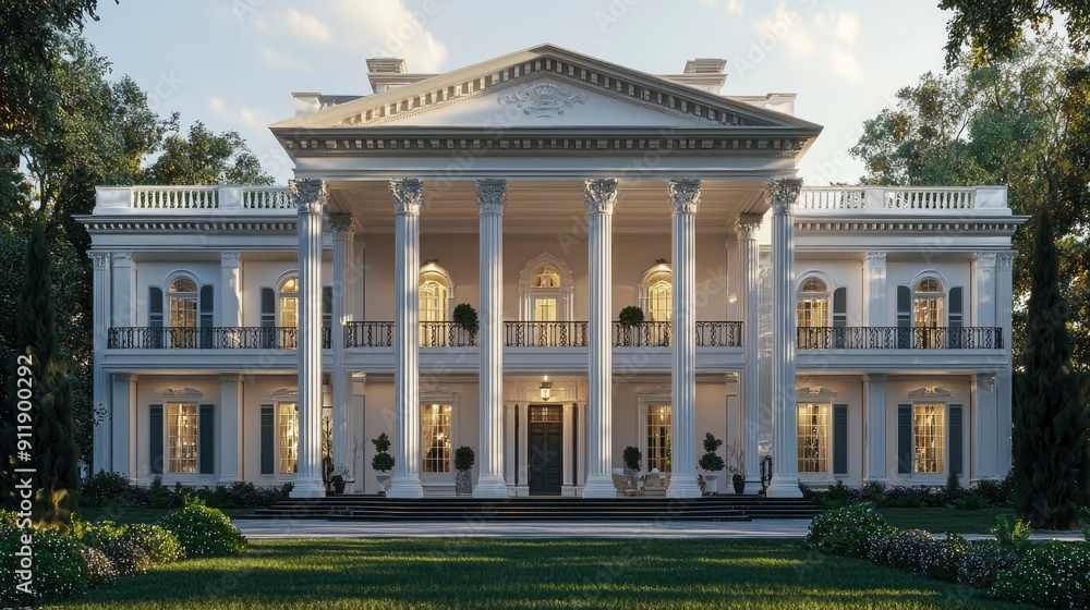 Fototapeta premium Colonial Mansion, symmetrical design with white pillars, afternoon lighting