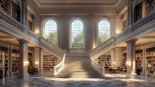 Beaux-Arts Library, grand staircases and classical details, diffused lighting