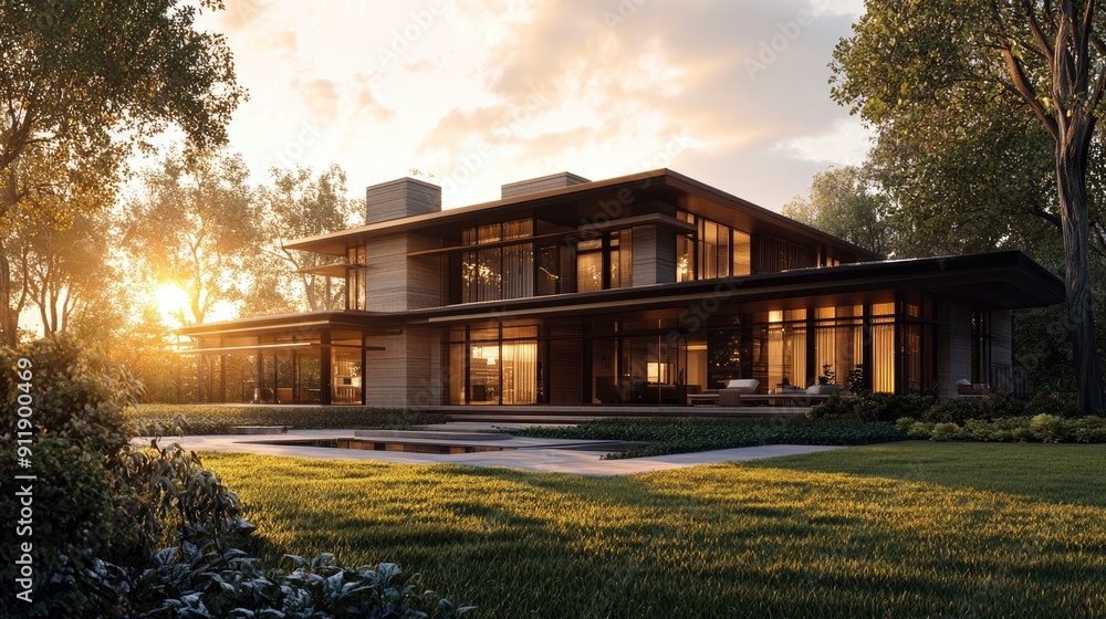 Prairie Style Home, horizontal lines and open spaces, sunset lighting Prairie Style Home, horizontal lines and open spaces, sunset lighting