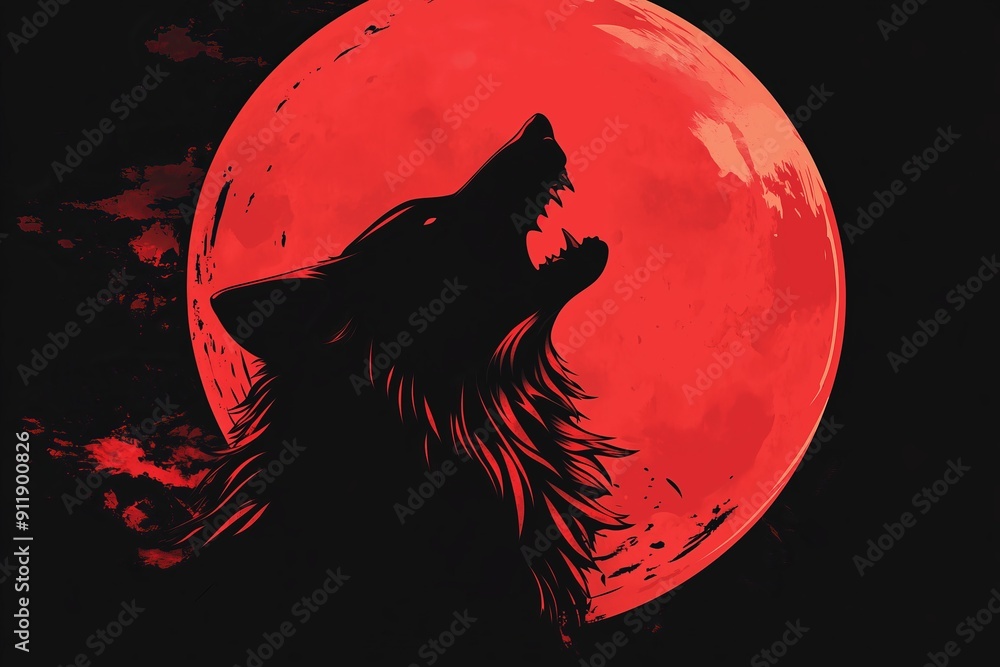 Halloween Full Moon Wolf Blood Red. Full Moon Blood Red with Howling Wolf black night sky for Halloween or Desert Halloween Full Moon Wolf Blood Red. Full Moon Blood Red with Howling Wolf black night sky for Halloween or Desert