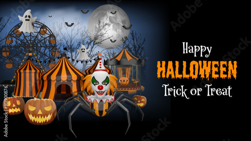 halloween banner with haunted amusement park. halloween flyer with evil clown with spider legs and pumpkins on scary landscape