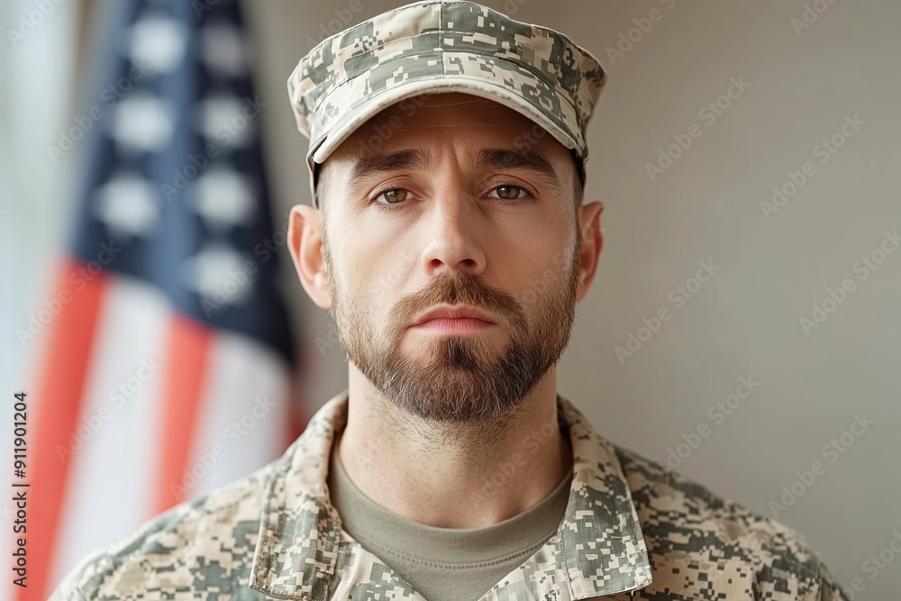 Soldier and USA flag on background .Concept National holidays , Flag Day, Veterans Day, Memorial Day, Independence Day, Patriot Day. Soldier and USA flag on background .Concept National holidays , Flag Day, Veterans Day, Memorial Day, Independence Day, Patriot Day.