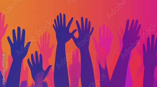 Thank You Volunteers banner. Raised hands. Volunteering, teamwork concert