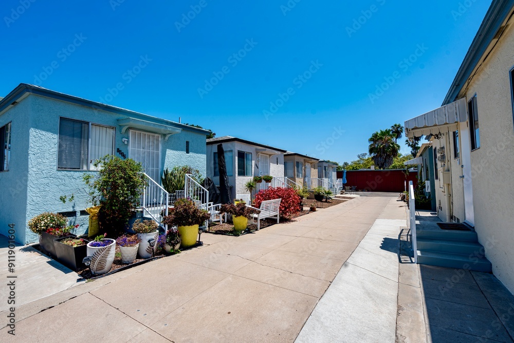 A row of small colorful homes in San Diego, CA
