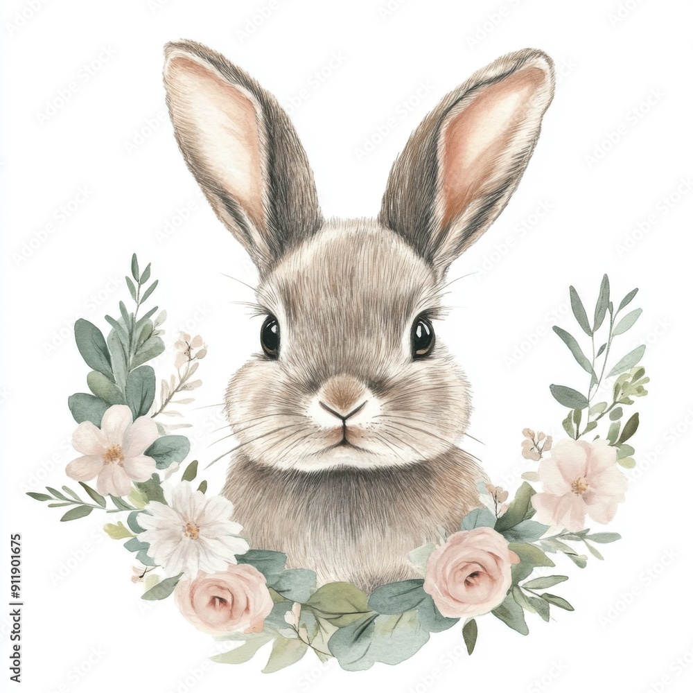 Fototapeta premium Sweet Baby Rabbit with Boho Floral Wreath - Pastel Illustration on White Background