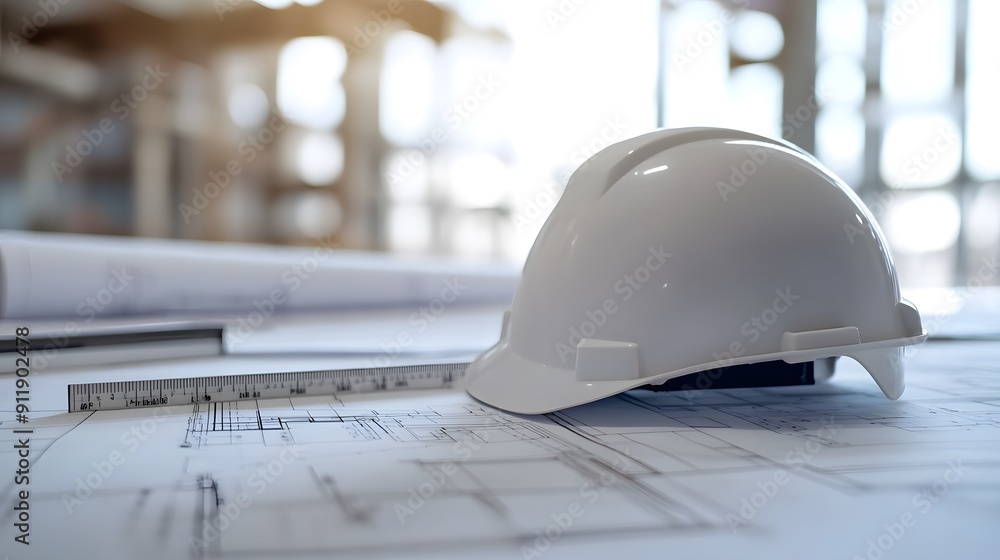 White helmet on blueprints and architectural drawings with ruler ...