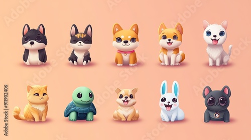 Wallpaper Mural A colorful set of pet emojis, including dogs, cats, rabbits, and turtles, with various expressions and poses. Torontodigital.ca