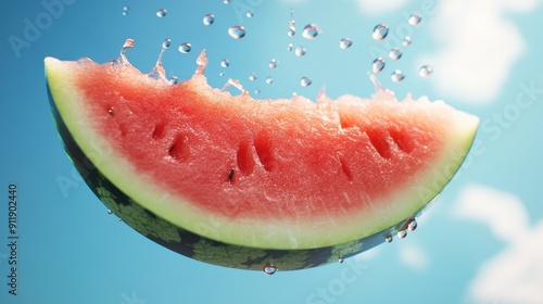 A dynamic close-up of a watermelon slice hanging in the sky, with juice droplets falling, against a vivid blue sky. photo